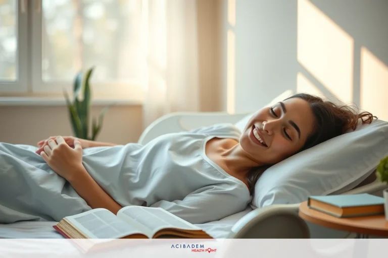 Is it Okay to Cry After Rhinoplasty? A woman reclined on a bed, smiling. She appears relaxed and content in her cozy environment, which includes a potted plant adding a touch of nature to the setting.