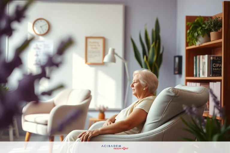 The image shows an elderly woman seated comfortably in a living room during the daytime. The woman appears relaxed, possibly enjoying some quiet time or rest. The room has natural light coming through the window and is decorated with indoor plants and furnishings that suggest a comfortable, homely environment.
