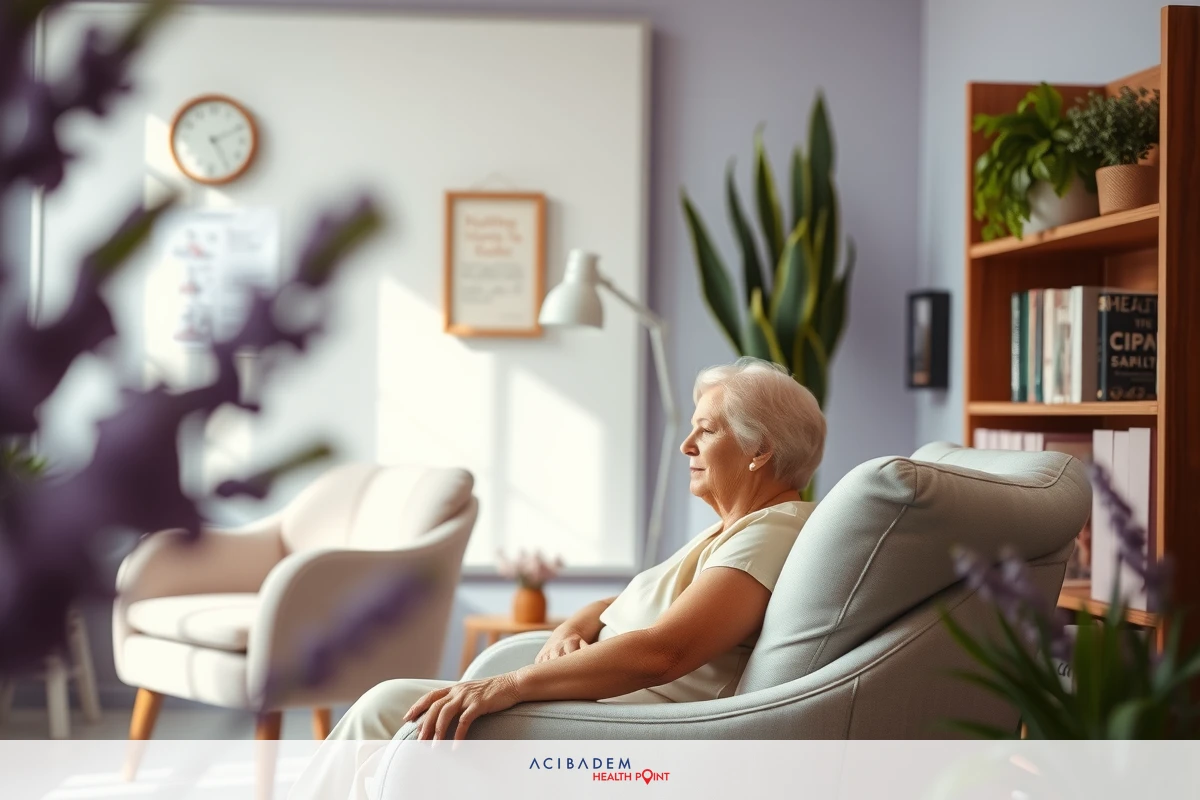 The image shows an elderly woman seated comfortably in a living room during the daytime. The woman appears relaxed, possibly enjoying some quiet time or rest. The room has natural light coming through the window and is decorated with indoor plants and furnishings that suggest a comfortable, homely environment.