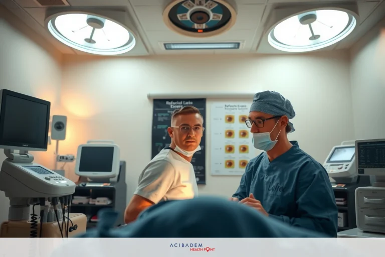 Does it Hurt to Get LASIK Eye Surgery? The image shows a hospital operating room. There are medical personnel, likely surgeons and anesthesiologists, discussing the surgical procedure. One is seated at a control console with monitors displaying patient information, while the other stands to the side, both wearing sterile attire and surgical masks.