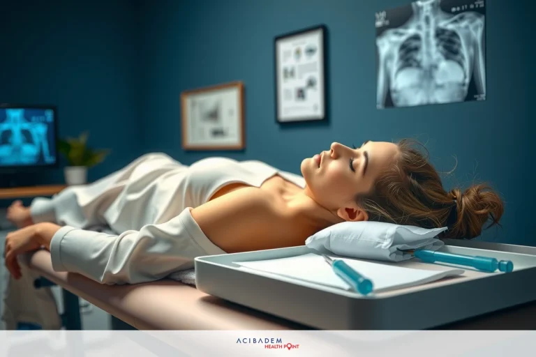 The image depicts a young woman lying on her back in a medical setting, possibly a doctor's office or a clinic. She appears to be relaxed with eyes closed. On the table beside her, there are medical equipment.