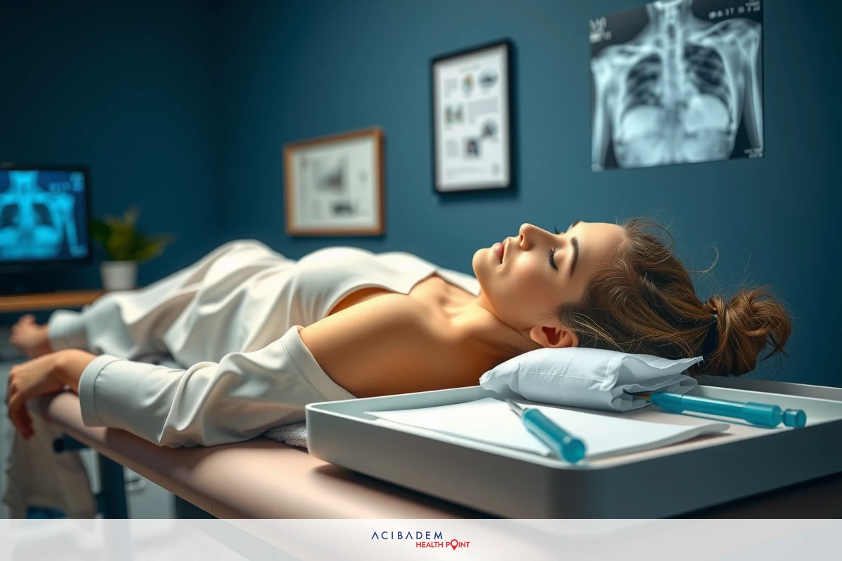 The image depicts a young woman lying on her back in a medical setting, possibly a doctor's office or a clinic. She appears to be relaxed with eyes closed. On the table beside her, there are medical equipment.