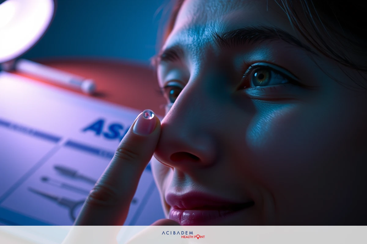 The image shows a woman looking closely at something, possibly an object or a document. She has her finger touching the side of her nose.