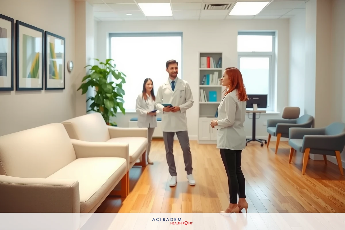 The image shows a professional setting where a group of three individuals, likely healthcare professionals given their attire and the context, are engaged in a discussion. They appear to be in a modern office or waiting area with comfortable seating, framed artwork on the wall, and decorative plants.