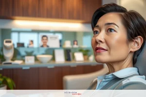 An Asian woman sitting in a modern office chair, facing away from the camera. The office environment suggests a professional setting with various items on the desk such as plants and technological gadgets.