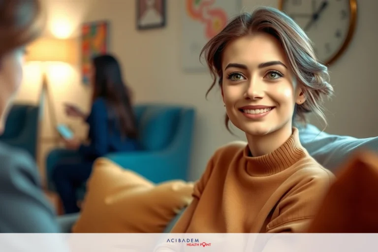 The image depicts a young woman with a warm smile, seated comfortably on a couch in a room that appears to be someone's home. She is wearing a cozy brown sweater and has her hair styled neatly.