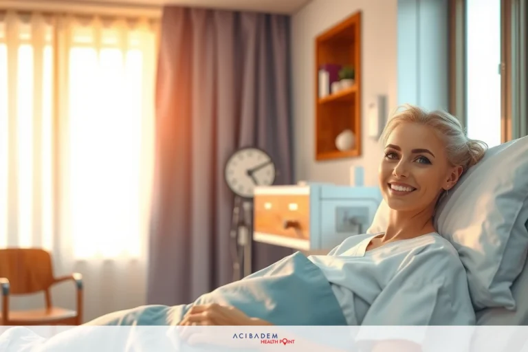 BBL Surgery Recovery Time A smiling woman lying in a hospital bed, wearing scrubs. She has blonde hair and is looking at the camera. The room appears to be a medical setting with natural light coming through the window.