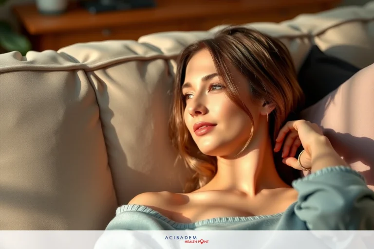 A woman in a light blue top is relaxing on a couch with one arm behind her head. She's looking off into the distance, seemingly lost in thought or enjoying the quiet moment.