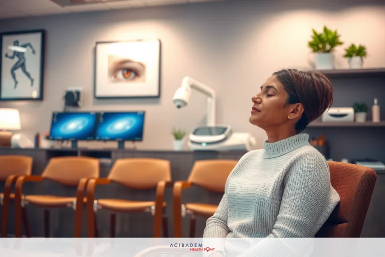 The image shows a woman in an office setting. She is seated and appears to be deep in thought or possibly discussing something with another person not visible in the frame.