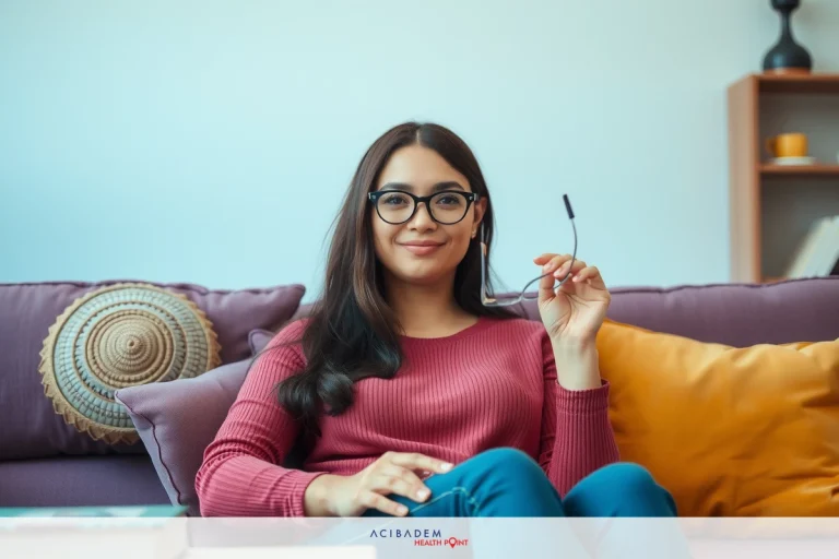 A woman in a cozy setting, wearing glasses and holding an object. She is sitting comfortably on a couch with her legs crossed, giving the impression of relaxation or casual leisure time.