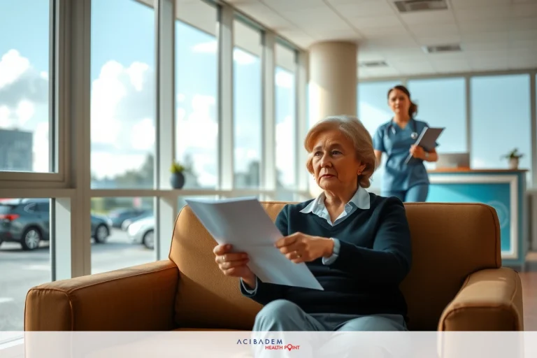 An elderly woman sitting on a couch in an office environment, looking at some paperwork. She is wearing glasses and appears to be reading or reviewing the documents.
