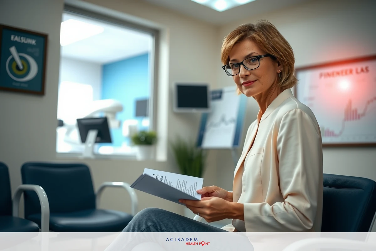A professional woman in glasses sits at a medical office, holding papers, likely receiving information or instructions from a healthcare provider.