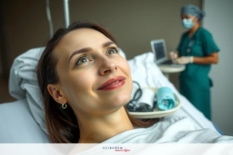 A woman lying on a hospital bed smiling at the nurse who is taking her vitals, with medical equipment and supplies organized around them.