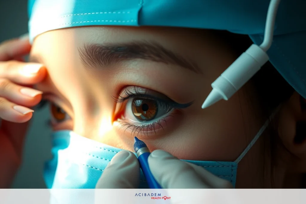 Can LASIK Change Your Eye Color? A close-up image of a woman wearing surgical scrubs and eyewear, with her eyes looking to the side. She appears focused on an object or task out of frame.
