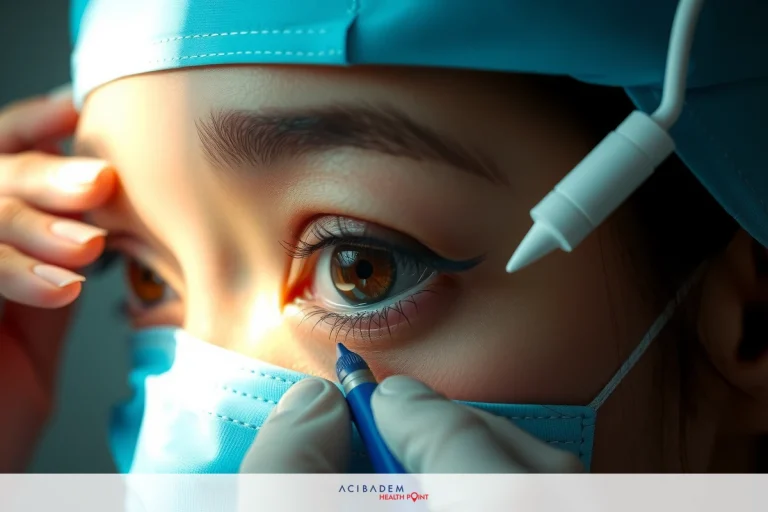 A close-up image of a woman wearing surgical scrubs and eyewear, with her eyes looking to the side. She appears focused on an object or task out of frame.