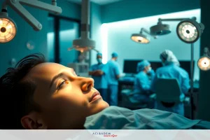 The image depicts a medical setting with a patient lying on an examination table. The person appears to be receiving attention from medical professionals who are wearing surgical masks and attire typical of a hospital environment.