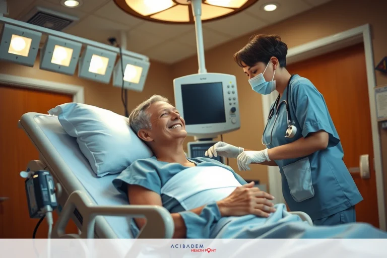 The image captures a moment in a hospital. A patient, likely male given the context, is lying on a bed with medical equipment around him. He appears to be in a good mood, possibly joking with someone off-frame. Beside him stands a healthcare professional, wearing full protective gear, indicating that they are attending to the patient's needs. The environment is clean and sterile, typical of hospital settings, and there are medical devices and equipment visible, including what appears to be an ECG machine.