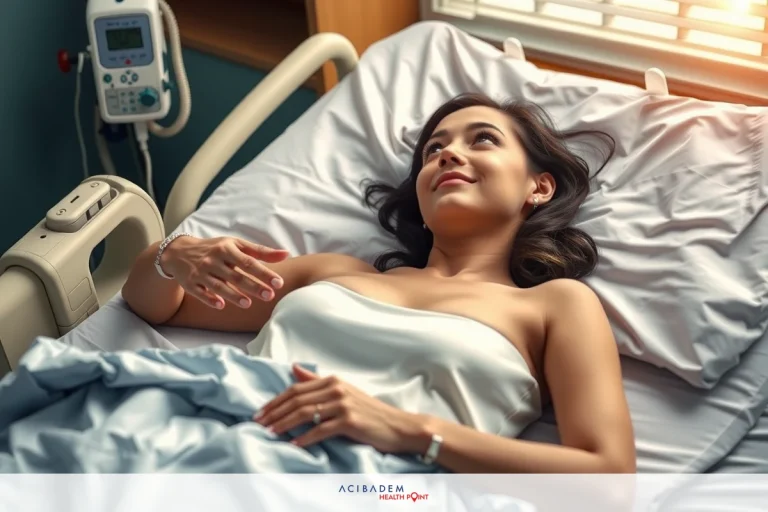 The image shows a woman lying in a hospital bed. She is wearing an open robe, and her head is turned to one side as she gazes out of the frame with a thoughtful expression. The room appears to be a standard hospital room with medical equipment nearby, including what seems to be an IV drip stand. The focus is on the woman's face and upper body, indicating that this may be related to healthcare or medical situations.