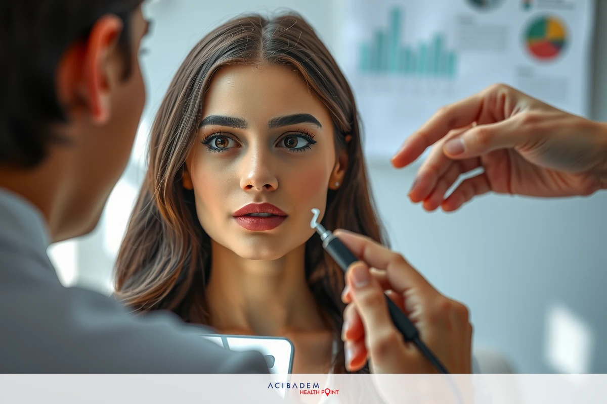 A young woman in a professional setting, getting rhinoplasty examination. The environment is bright and clean, with a modern office background.