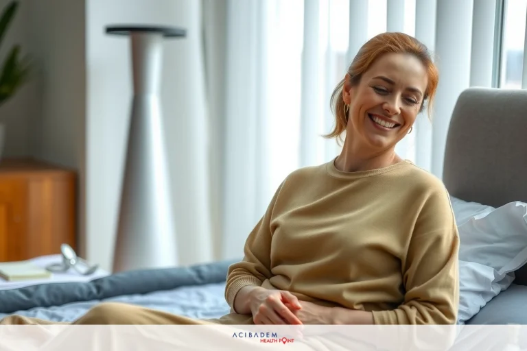 Smiling woman sitting on bed, looking relaxed and having fun. She is wearing a beige or cream outfit and appears in a relaxed indoor setting with neutral colors and soft lighting.