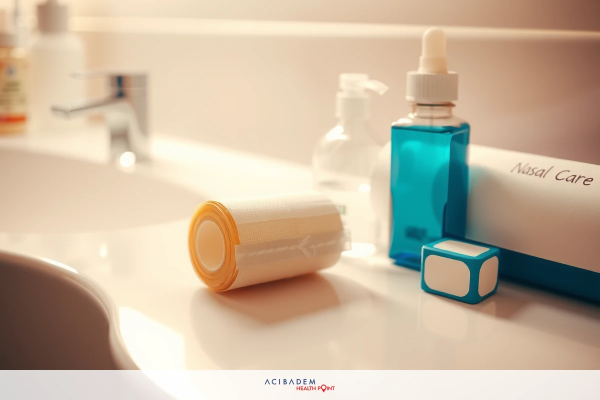 The image depicts a bathroom counter with various personal care products. There are bottles of different sizes and colors, including blue and white ones. The labels on the bottles indicate they contain medical or healthcare products such as medication or sanitizers.
