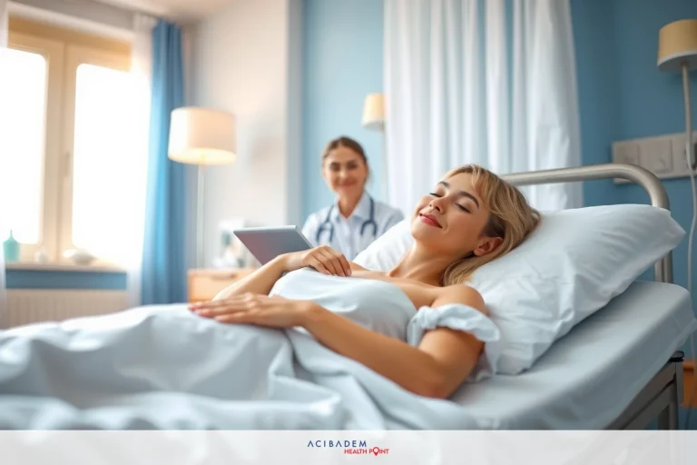 How Long is Recovery from BBL Surgery? Woman lying in hospital bed, smiling at doctor. Hospital room has blue walls, white curtains, and medical equipment. Patient is under doctor's care.