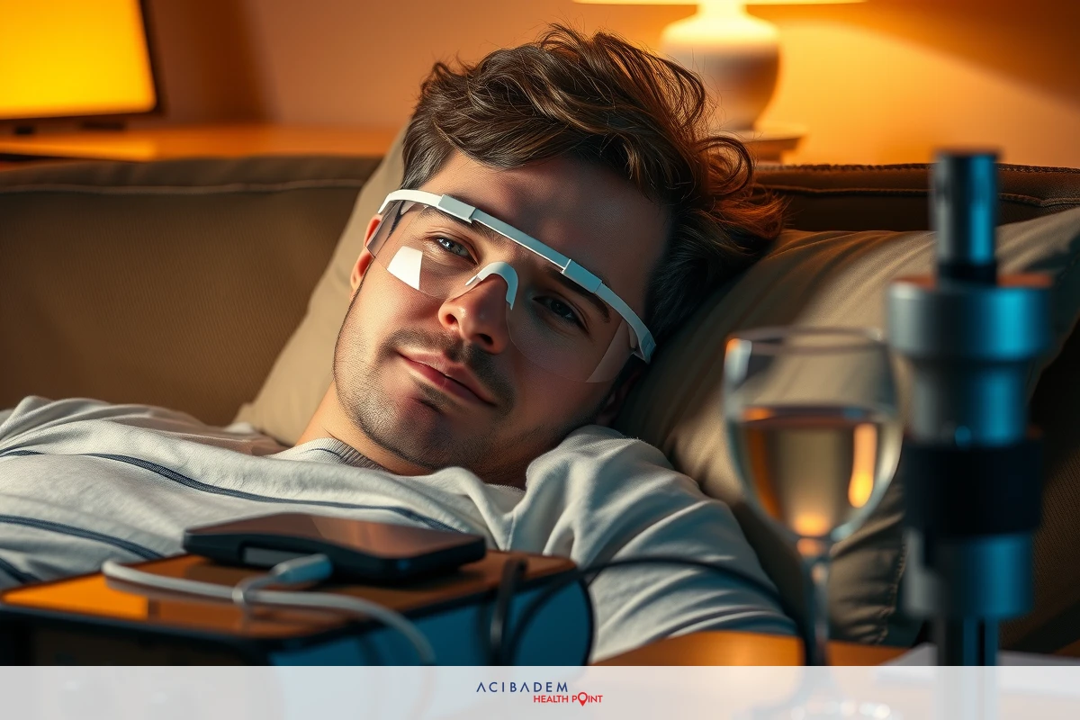 The image portrays a man lying on a couch in the evening, wearing glasses with a white frame. He is dressed casually in a gray top.