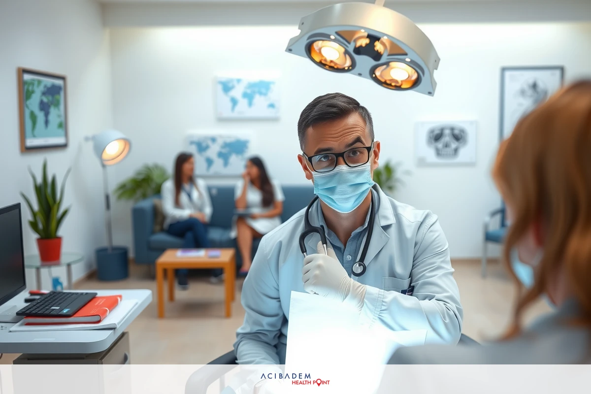 A man wearing a surgical mask and scrubs is conducting a medical examination of a patient's nose. They are in a modern medical office equipped with diagnostic equipment. The environment suggests a professional healthcare setting.