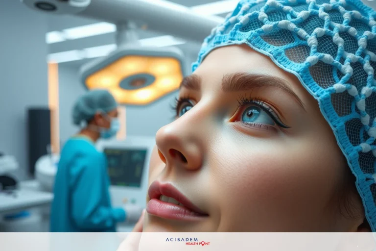 The image shows a woman in a hospital setting, wearing a blue surgical cap and gown. She appears to be the patient receiving medical attention.