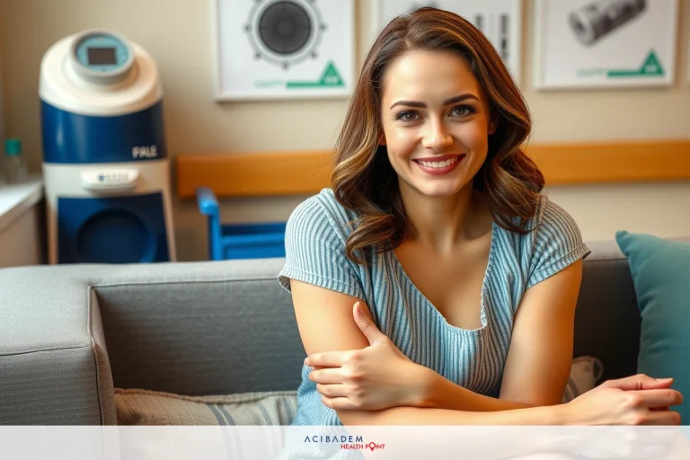 Cellulite After BBL Surgery A smiling woman with brown hair and a blue shirt, sitting on a couch in a brightly lit room. She is leaning forward slightly, resting her arms on the edge of the couch.