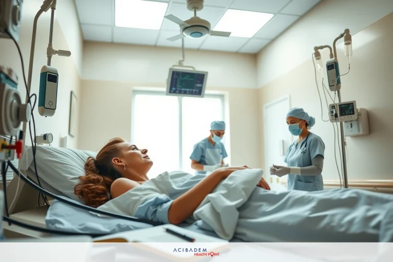 The image shows a hospital room scene with medical personnel attending to a patient who is lying on the bed. The room is equipped with standard medical gear such as monitors, ventilator, and various other devices, indicative of an intensive care unit setting. The staff are dressed in sterile attire, suggesting a focus on hygiene and professionalism. The atmosphere appears to be clinical and focused on patient care.
