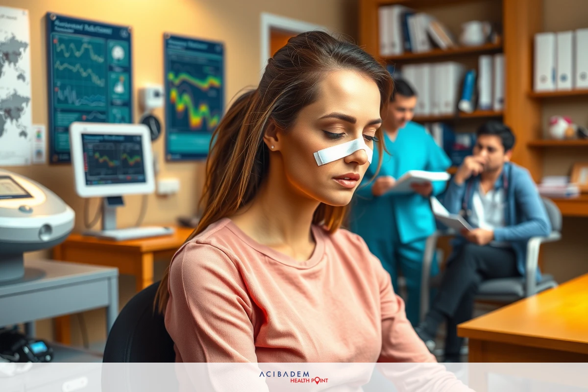 Woman wearing a pink top, sitting at a desk with bandage on her face, possibly in a doctor's office. There are medical files and equipment around her.