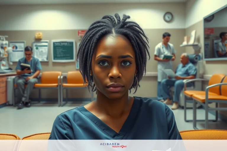 A hospital waiting room with a doctor in scrubs sitting and looking directly at the camera.