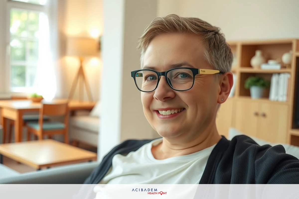 Woman with glasses and hairstyle smiling, sitting in a modern room with wooden floors and furniture.