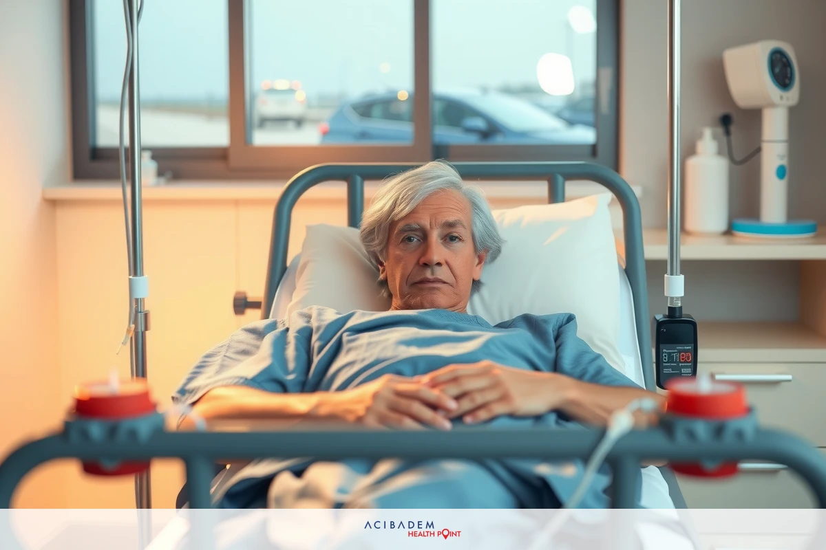 The image depicts an elderly man in a hospital bed. He appears to be in a medical facility, with medical equipment visible around him. The man is lying down and wearing a surgical gown, which suggests he may have undergone or is awaiting a medical procedure.