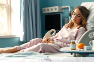 A woman laying in a hospital bed, with medical equipment to her side. She's wearing pink nightgown and appears to be recovering or resting.