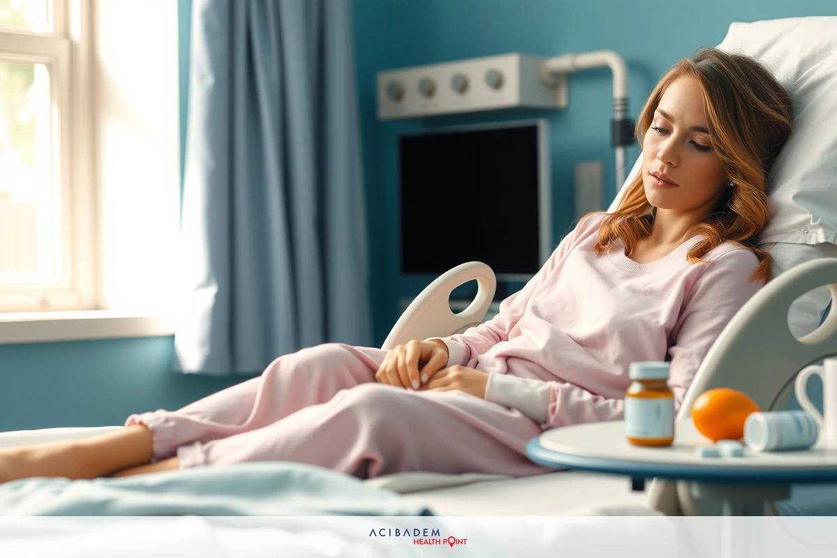 A woman laying in a hospital bed, with medical equipment to her side. She's wearing pink nightgown and appears to be recovering or resting.