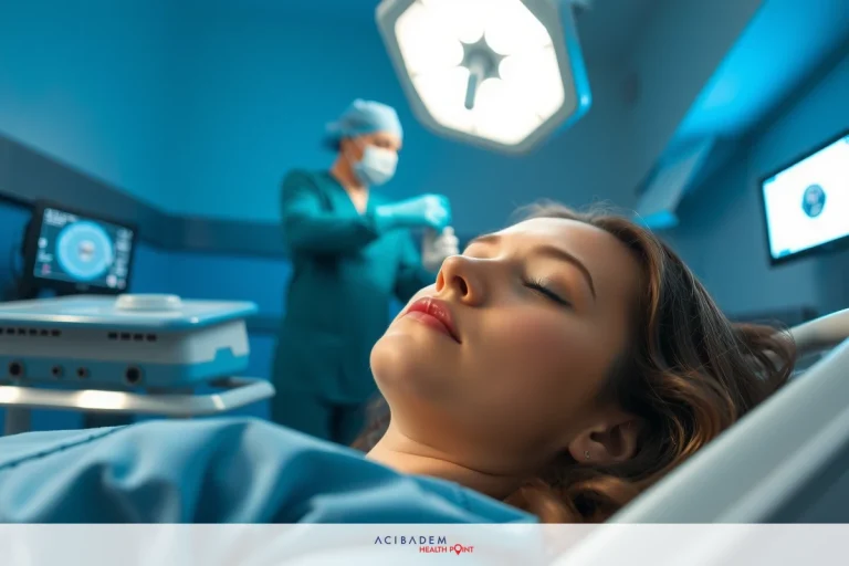 Is a Rhinoplasty Painful? A woman is lying down on a hospital bed, likely in an operating room. She is covered with surgical drapes and seems to be undergoing some form of medical procedure.