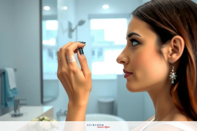 This image depicts a woman in an indoor bathroom, focused on applying makeup to her face. The scene is set against the backdrop of modern bathroom fixtures like a sink and mirror.