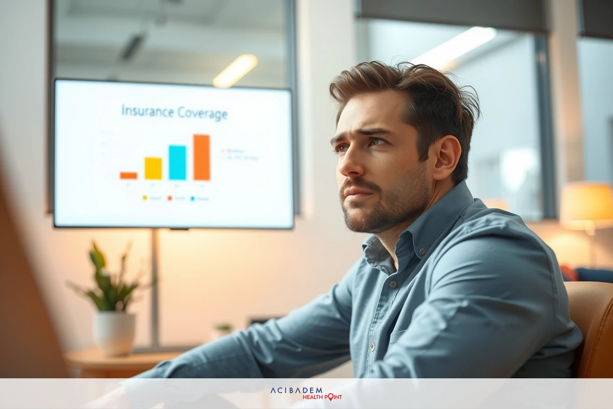 Man sitting at desk looking at computer screen with financial data. Office environment with modern office furniture and equipment.