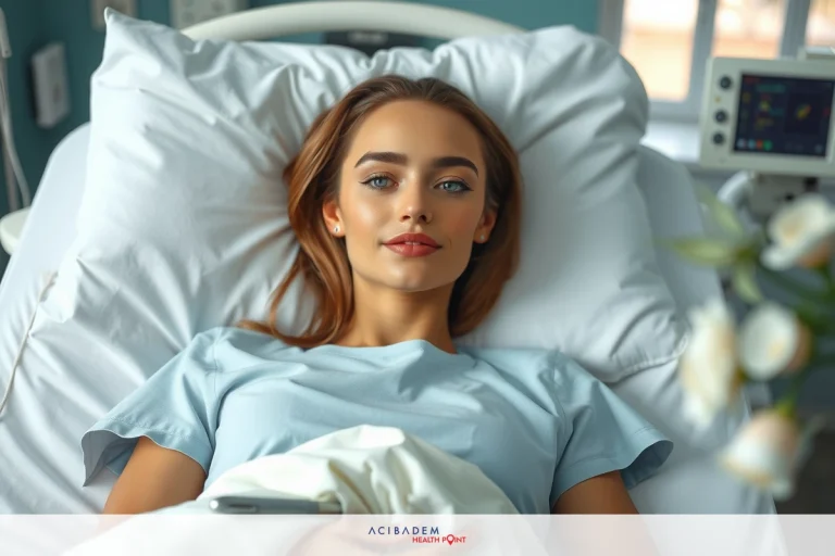Model laying on hospital bed with white pillow and blanket, medical monitor in background.