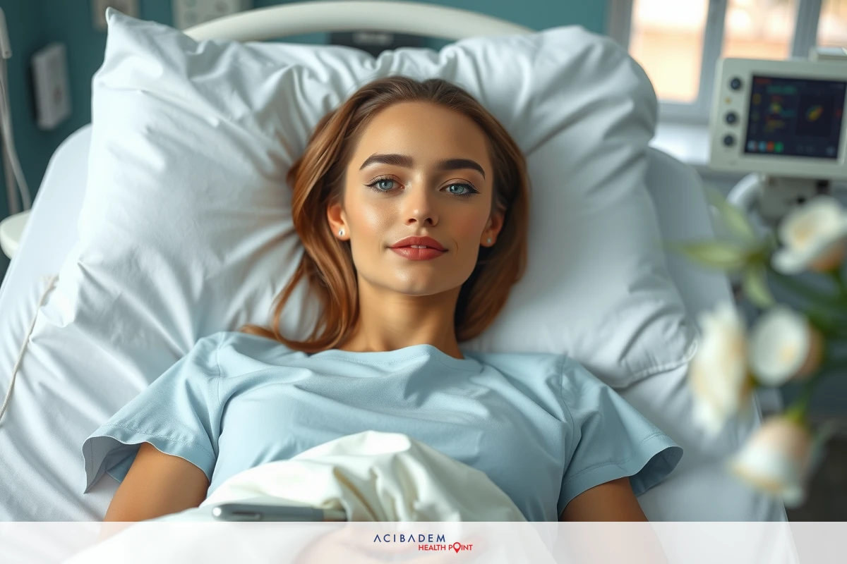 Model laying on hospital bed with white pillow and blanket, medical monitor in background.