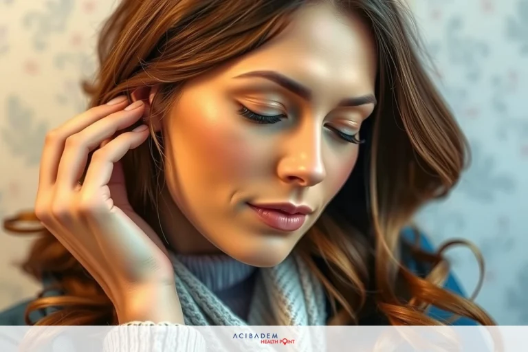 How to Heal Swelling After Rhinoplasty The image features a woman with red hair, looking down towards the left. She has a neutral expression and is wearing makeup that highlights her cheeks and lips.