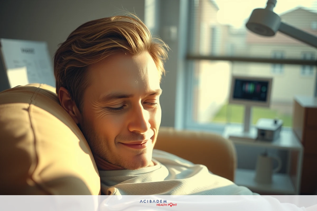 The image shows a man sitting in a chair with his eyes closed, appearing to be relaxed or possibly sleeping. He has light-colored hair and is wearing a casual white t-shirt.