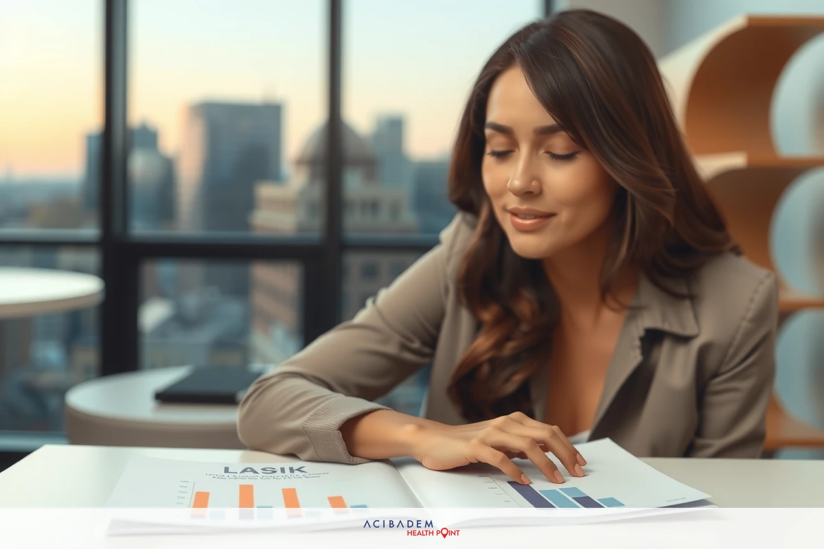 A woman in a business environment, likely an executive or manager, is shown with her hands on papers. She's sitting at a desk that is part of an office space with a city view in the background. The setting suggests she may be reviewing important documents or preparing for a meeting.