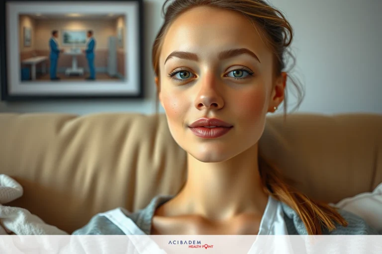 A young woman seated on a couch, looking slightly to her right with a neutral expression. Her makeup is done in soft shades of pink and she has light-colored hair pulled back from her face.