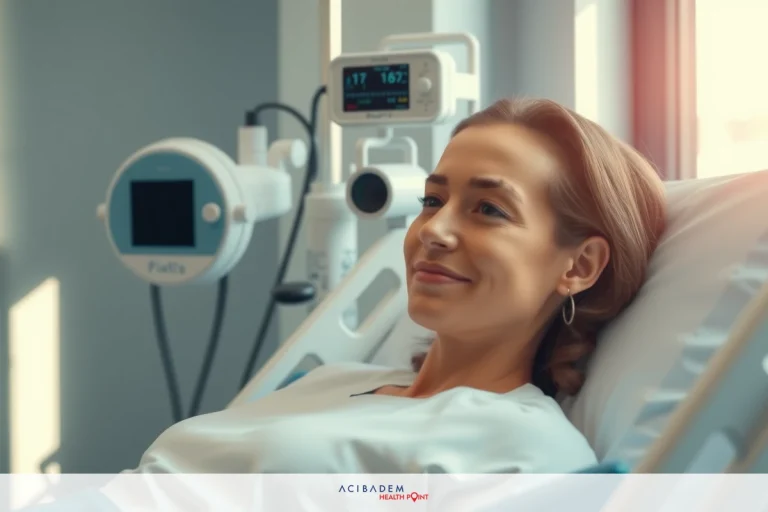 A woman lying in a hospital bed with medical equipment. She is smiling and appears to be receiving some sort of treatment or monitoring.