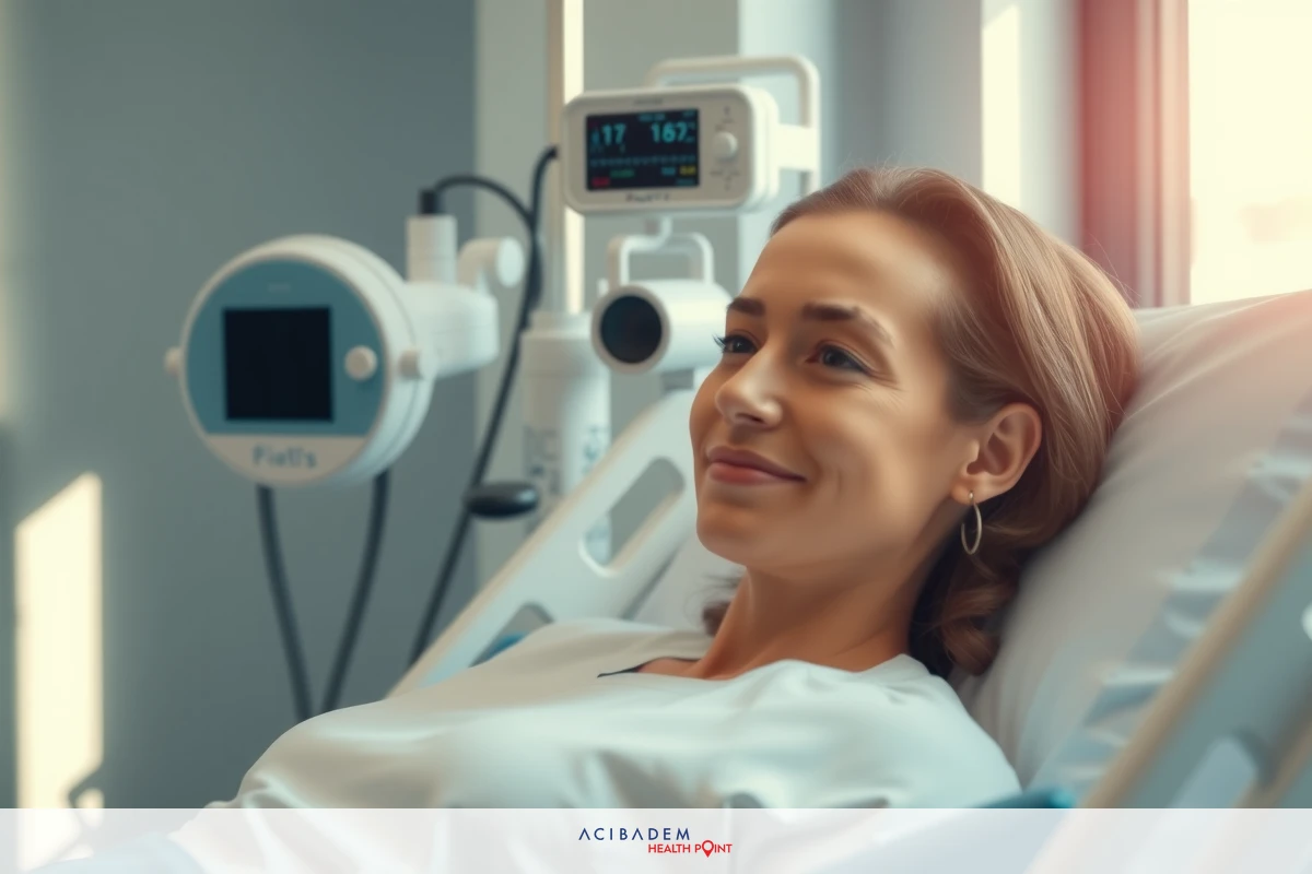 A woman lying in a hospital bed with medical equipment. She is smiling and appears to be receiving some sort of treatment or monitoring.