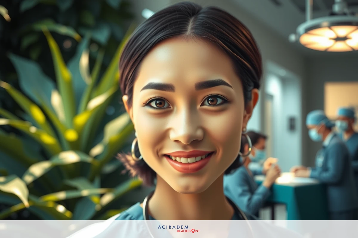 A female surgeon, in scrubs and stethoscope around her neck, is smiling at the camera from a well-lit hospital room with medical personnel in background.