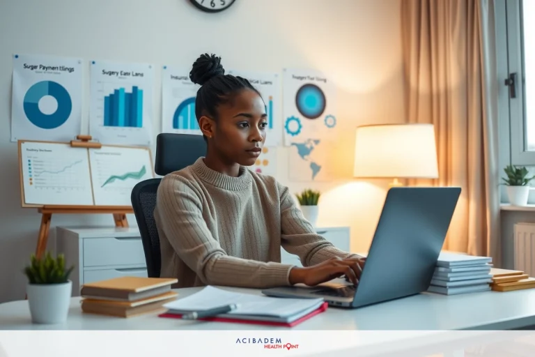 A young female professional is seated at a desk, focused on her laptop computer. The office environment includes various charts and graphs displayed on the wall behind her, suggesting an analytical or data-driven role. She's wearing a beige sweater, and there are books and documents organized neatly on her desk.